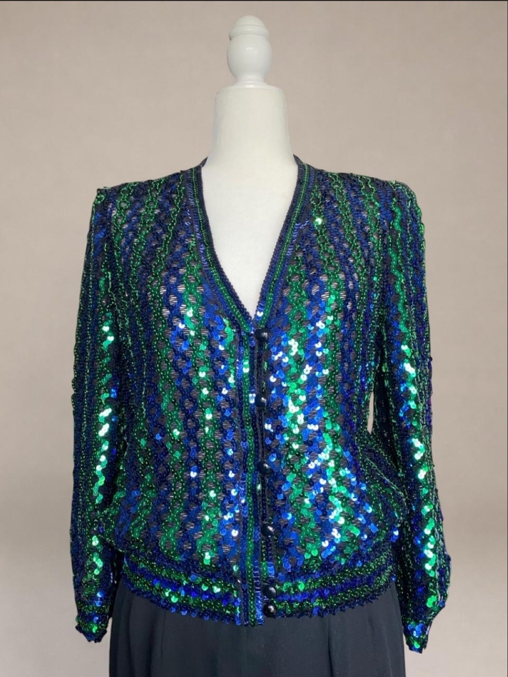 Vintage Three Flaggs Women’s Blue & Green Sequin V-Neck Button-Front Jacket